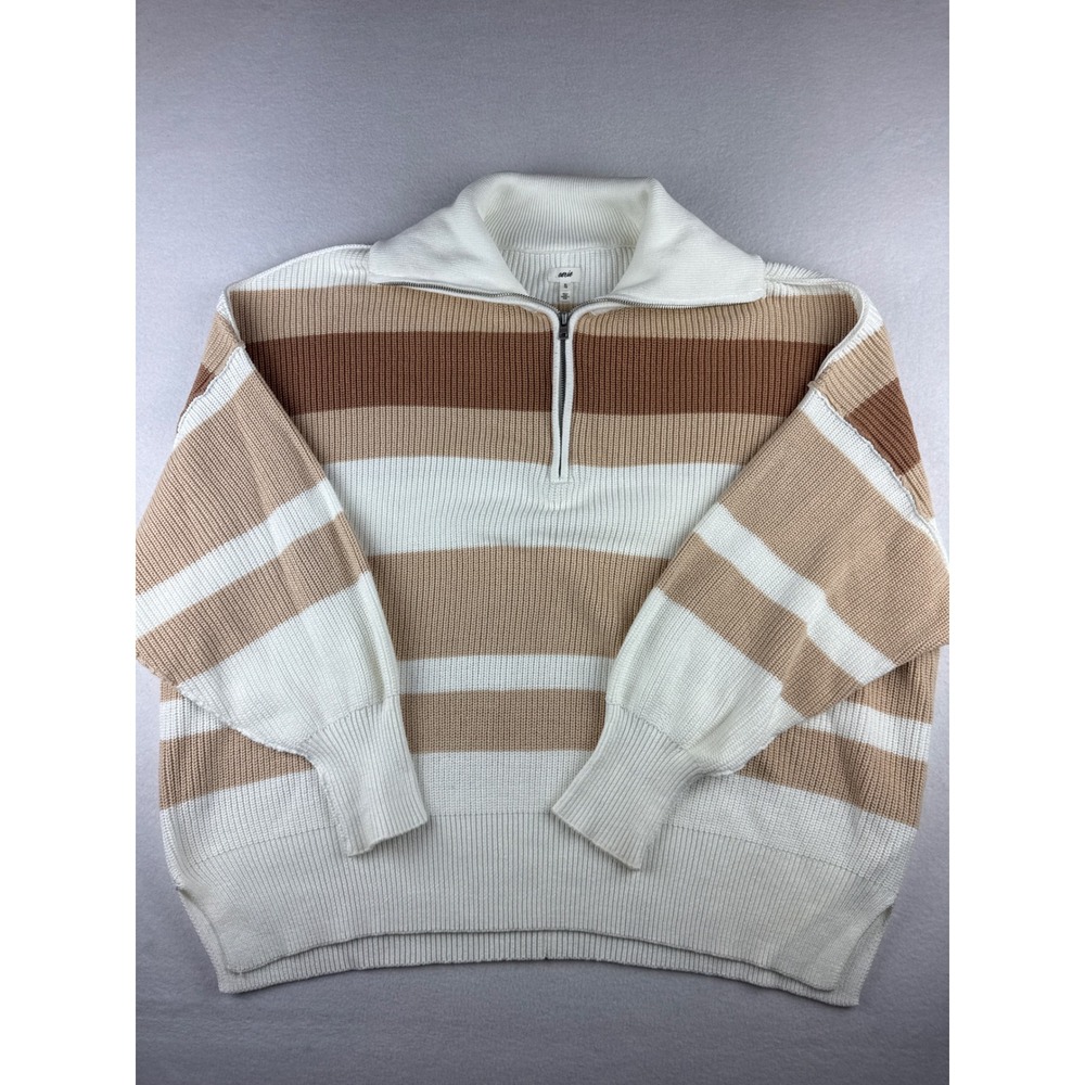 Aerie Womens XL Oversized Quarter Zip Striped Ribbed Sweater Neutral Brown Tan
